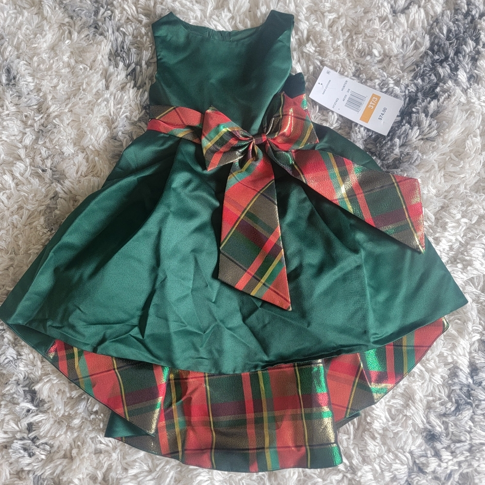 NWT Rare Editions Girls Satin Dress with High Low Skirt and Plaid Bow